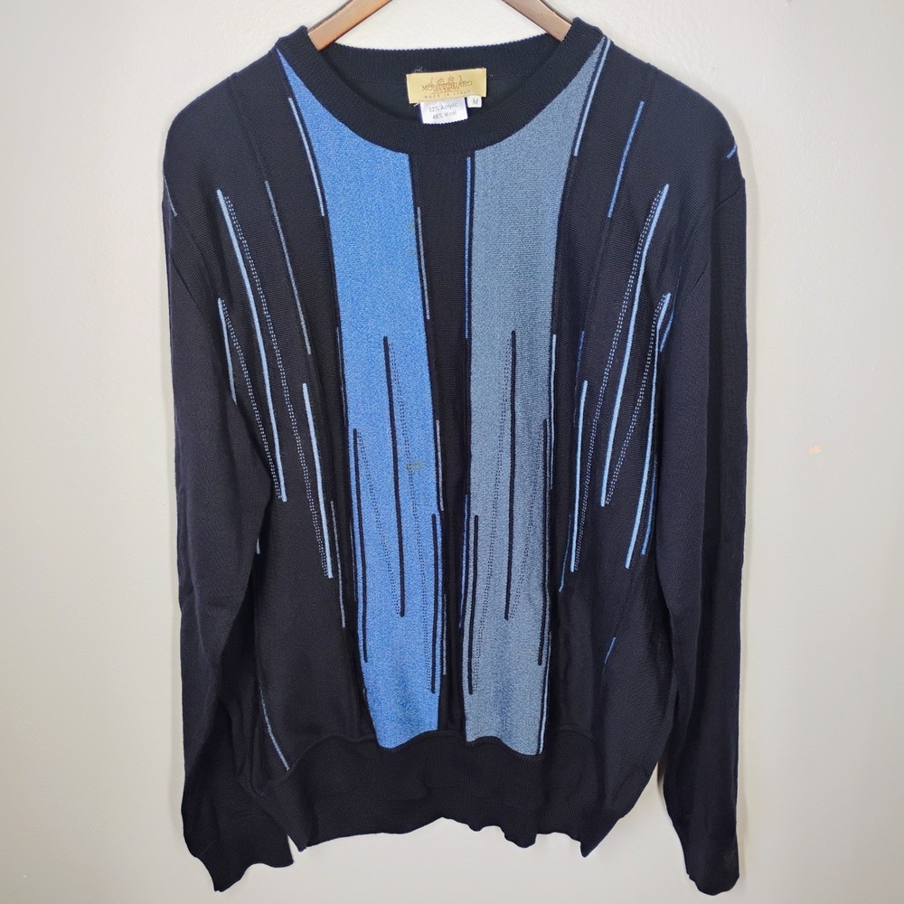 Vtg 90s Montechiaro Italy Crew neck Sweater Mens Med Blue Wool Blend Abstract